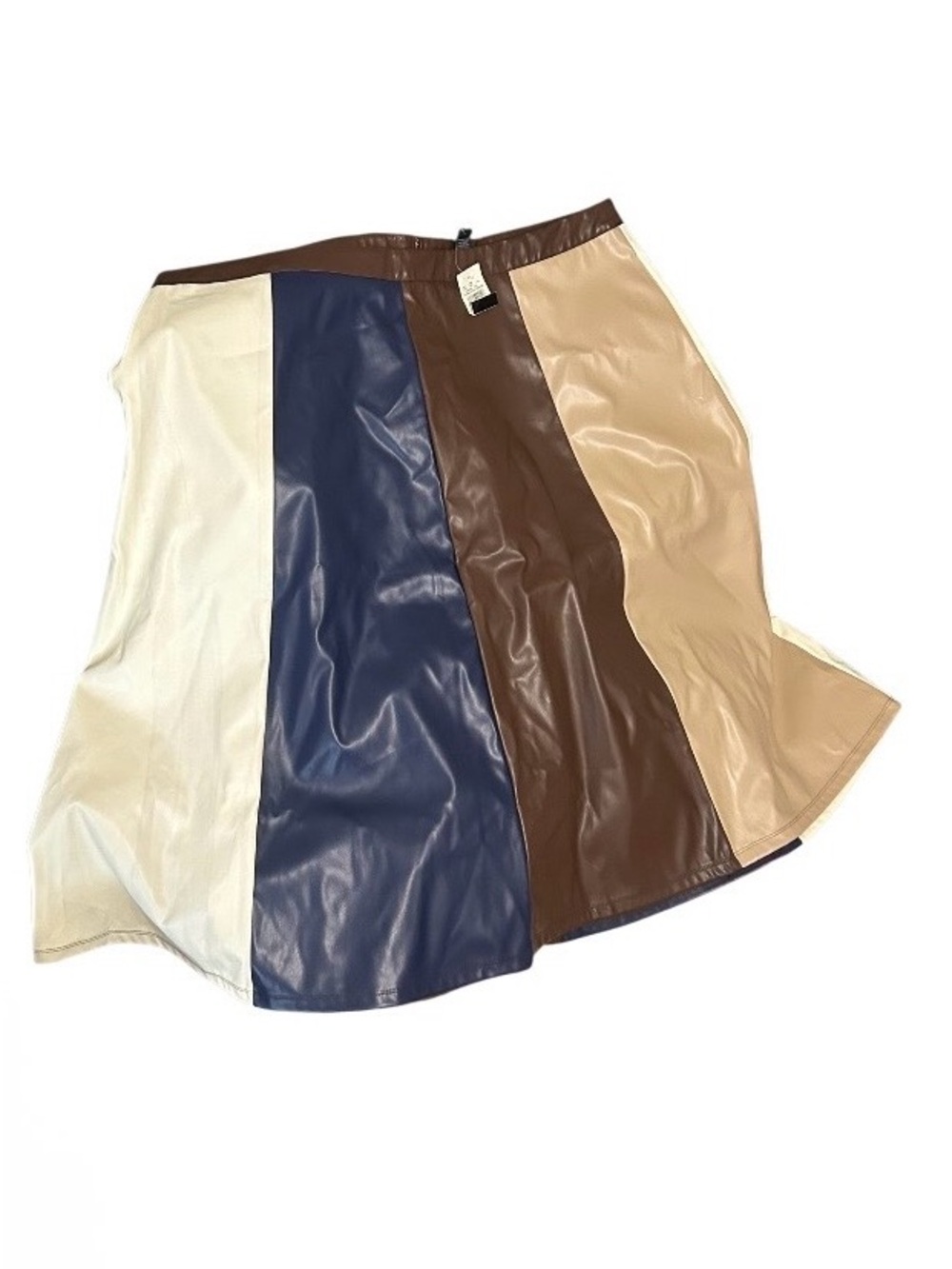 Ashley Stewart Colorblock Faux Leather A-Line Skirt - Blue, Brown, Cream